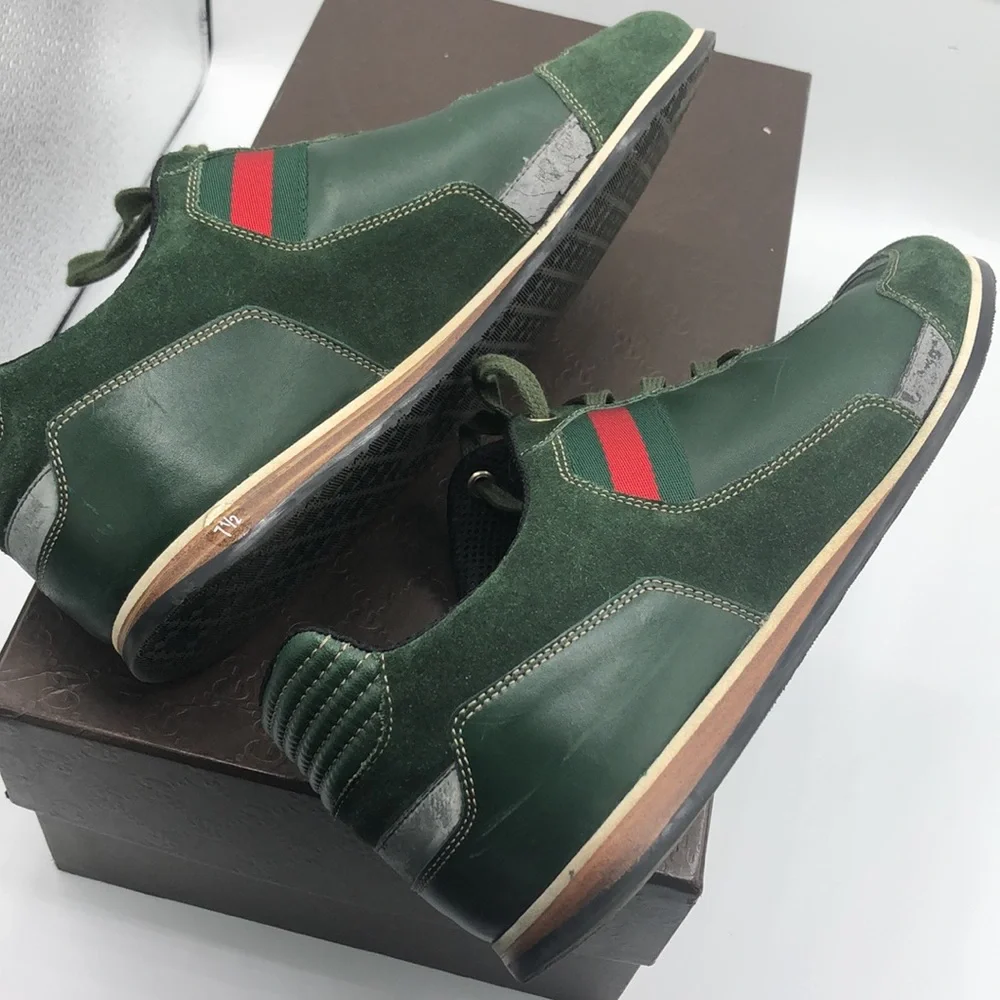 Gucci Green Leather Suede Web Stripe Lace Up Sneakers Mens 7-7.5 Made in Italy